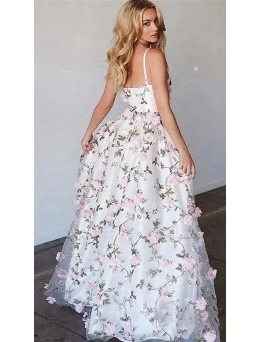 A-Line Prom Dresses Floral Dress Formal Wedding Party Floor Length Sleeveless V Neck Lace with Floral Print