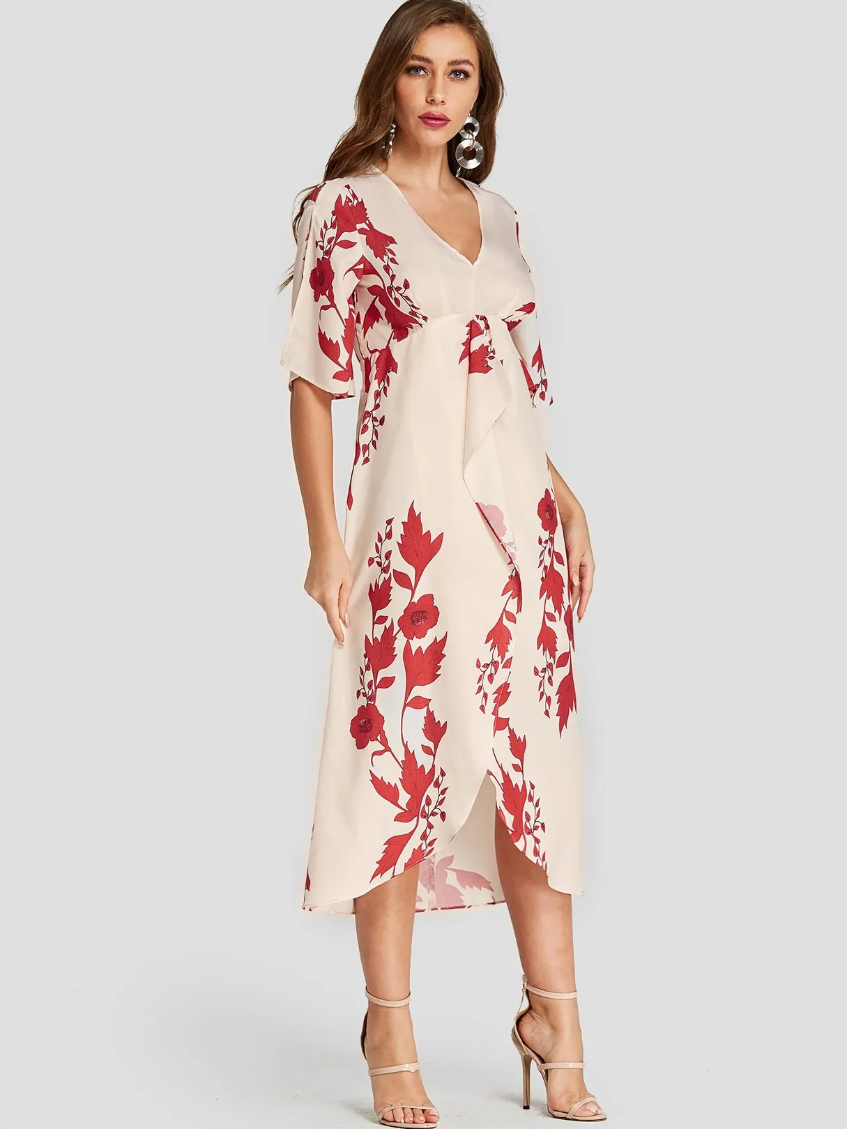 Apricot V-Neck Floral Print Slit Hem Dresses