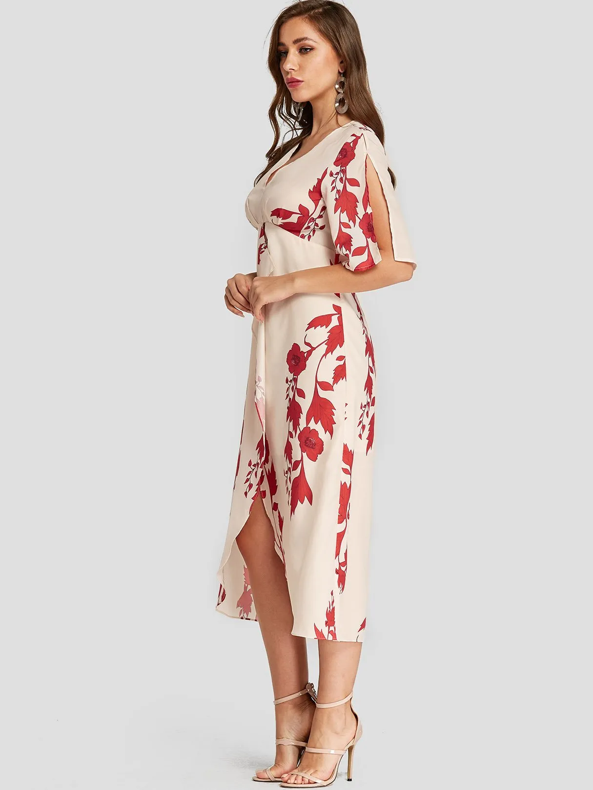 Apricot V-Neck Floral Print Slit Hem Dresses