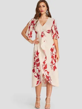 Apricot V-Neck Floral Print Slit Hem Dresses