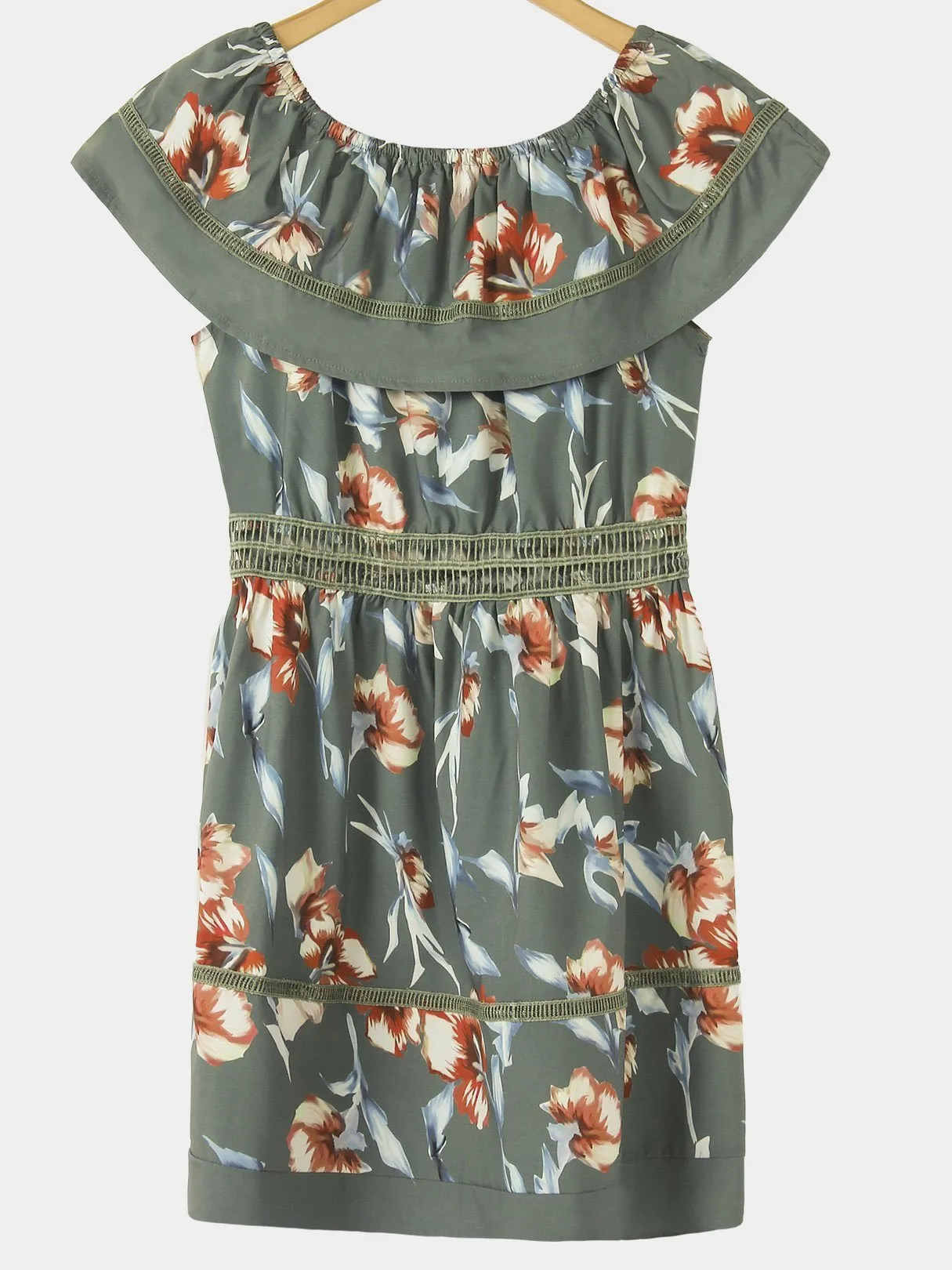 Army Green Off The Shoulder Short Sleeve Floral Print Flounced Hem Dresses