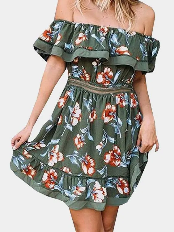 Army Green Off The Shoulder Short Sleeve Floral Print Flounced Hem Dresses