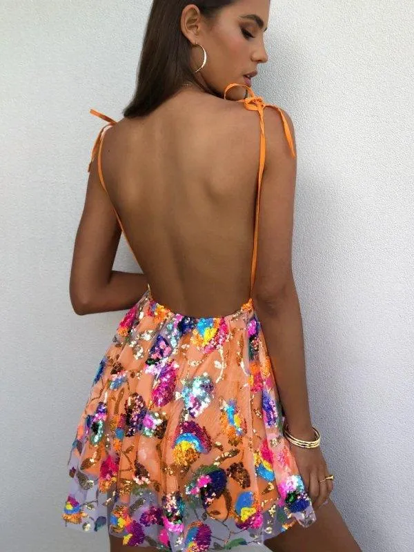 Backless Sequin Floral Strappy Short Dress