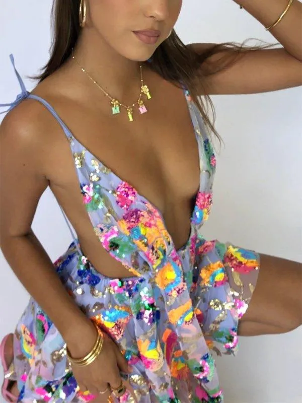 Backless Sequin Floral Strappy Short Dress