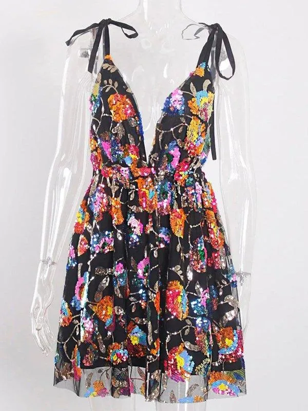 Backless Sequin Floral Strappy Short Dress