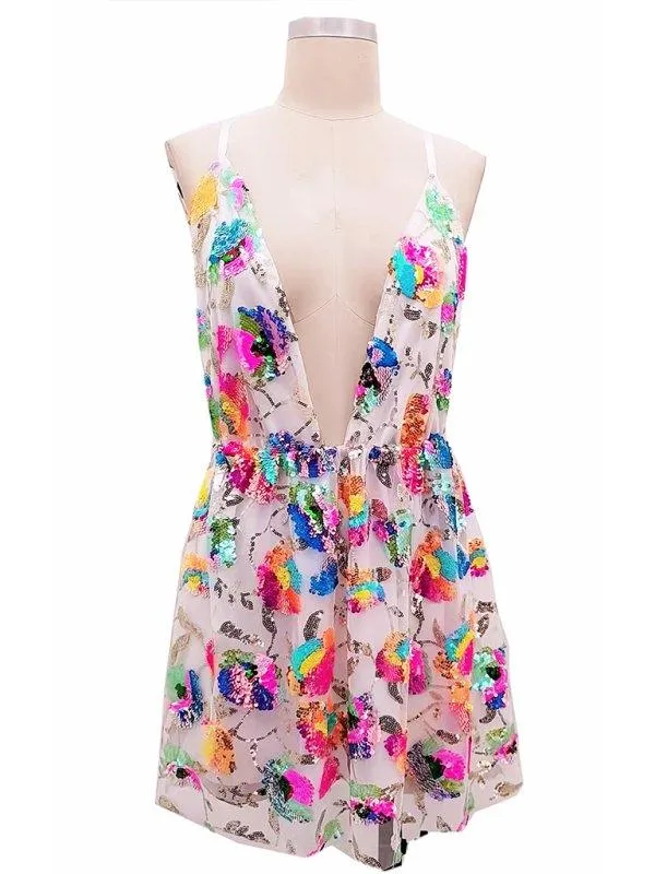 Backless Sequin Floral Strappy Short Dress