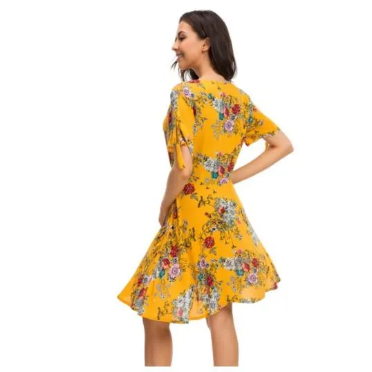 Bandage V Neck High Waist Floral Dresses