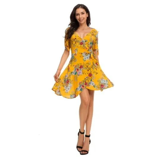 Bandage V Neck High Waist Floral Dresses