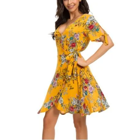 Bandage V Neck High Waist Floral Dresses