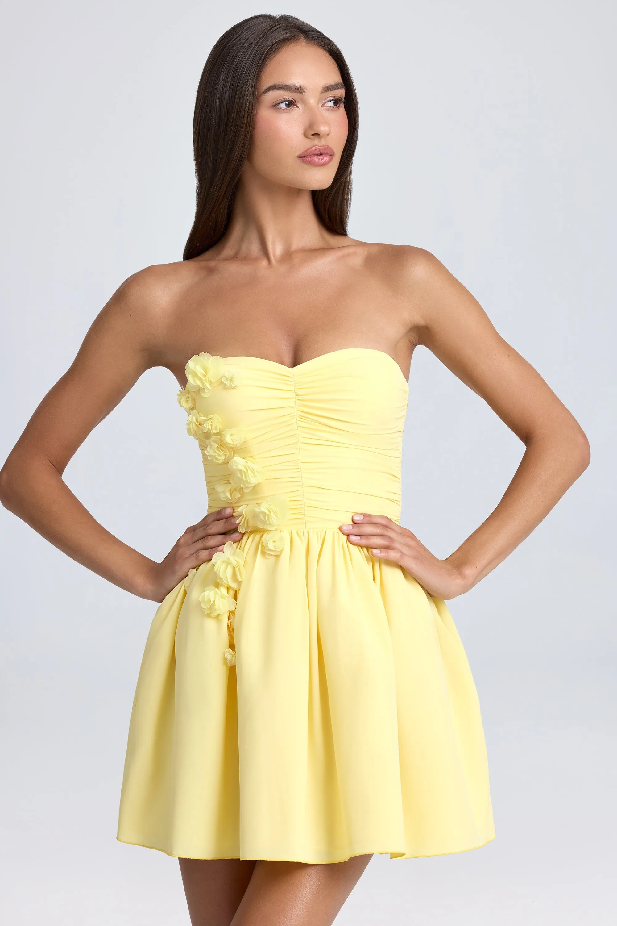 Bandeau Floral-Appliqué Corset Mini Dress in Lemon Sherbet