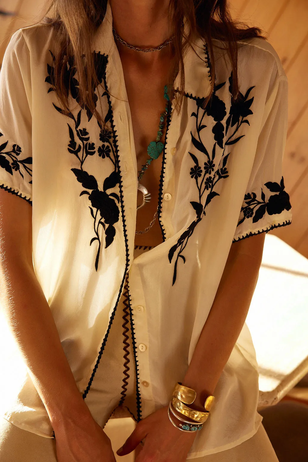 Behave Yourself Oversized Silk Crepe Embroidered Shirt