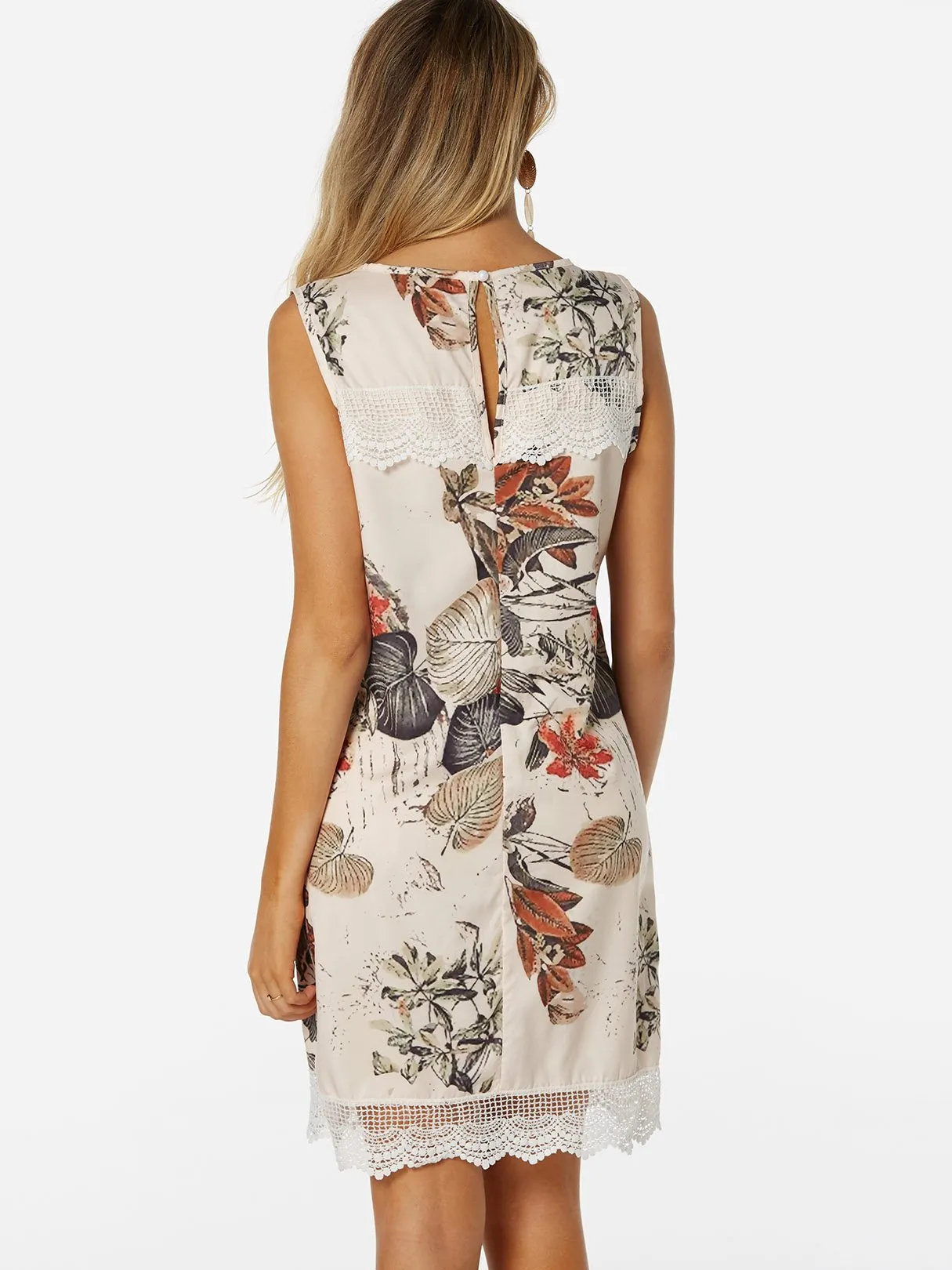 Beige Round Neck Sleeveless Floral Print Lace Dresses