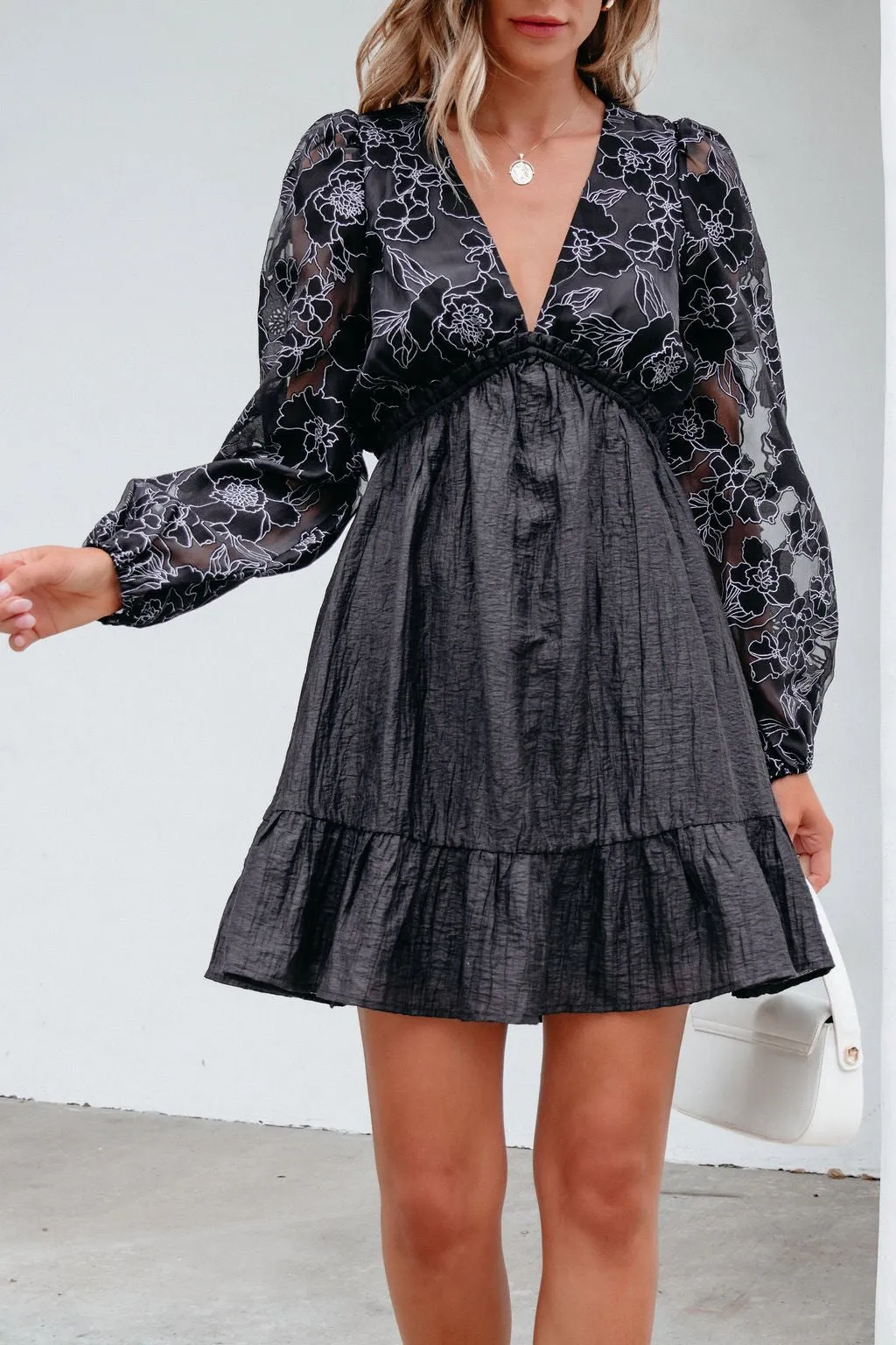 Black Floral Sheer Sleeve Textured Mini Dress