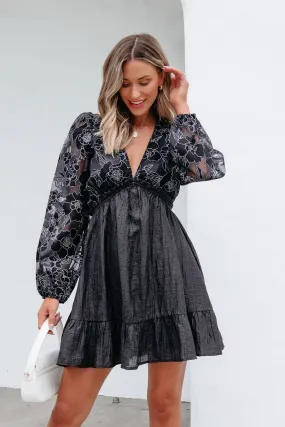 Black Floral Sheer Sleeve Textured Mini Dress