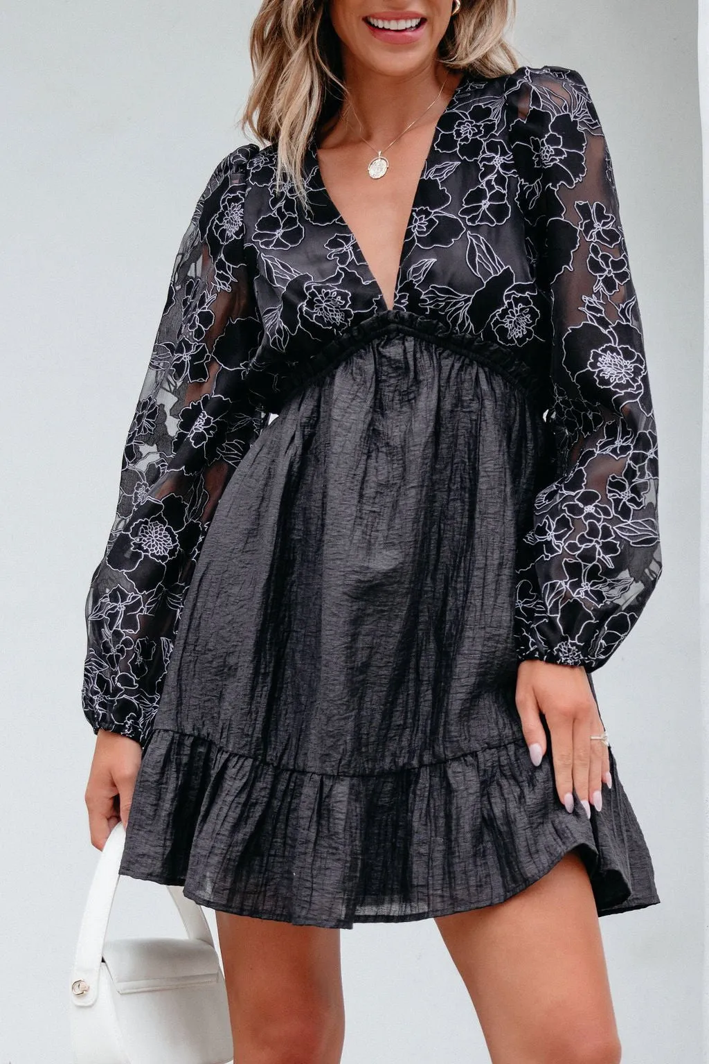 Black Floral Sheer Sleeve Textured Mini Dress