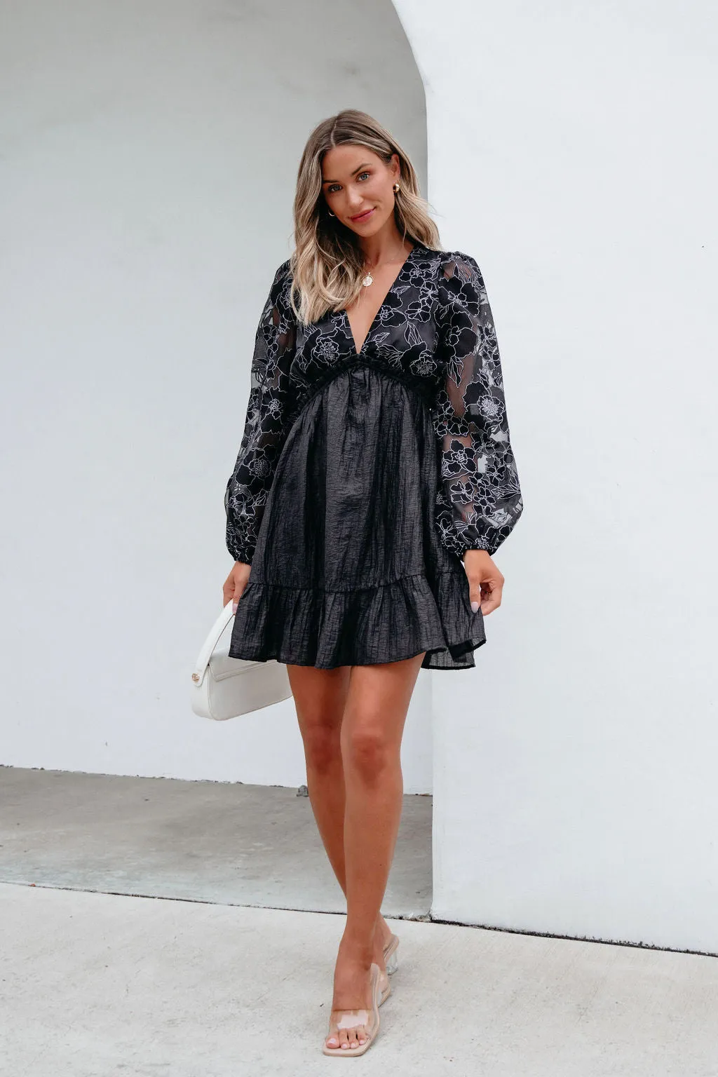 Black Floral Sheer Sleeve Textured Mini Dress