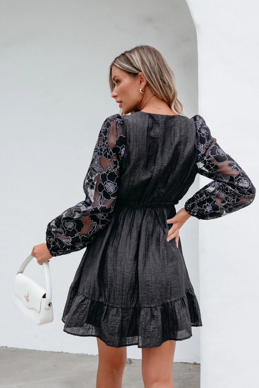 Black Floral Sheer Sleeve Textured Mini Dress