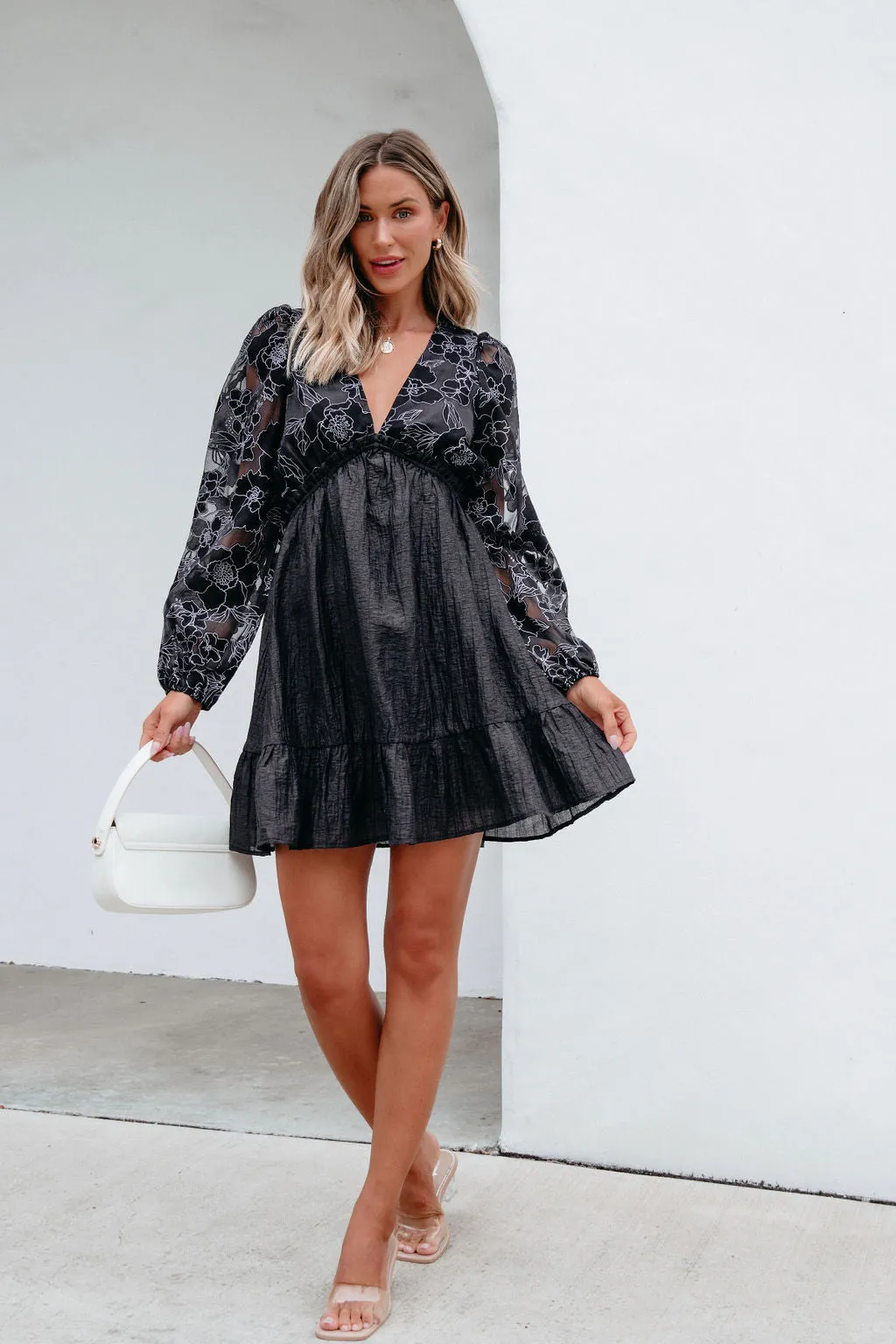 Black Floral Sheer Sleeve Textured Mini Dress