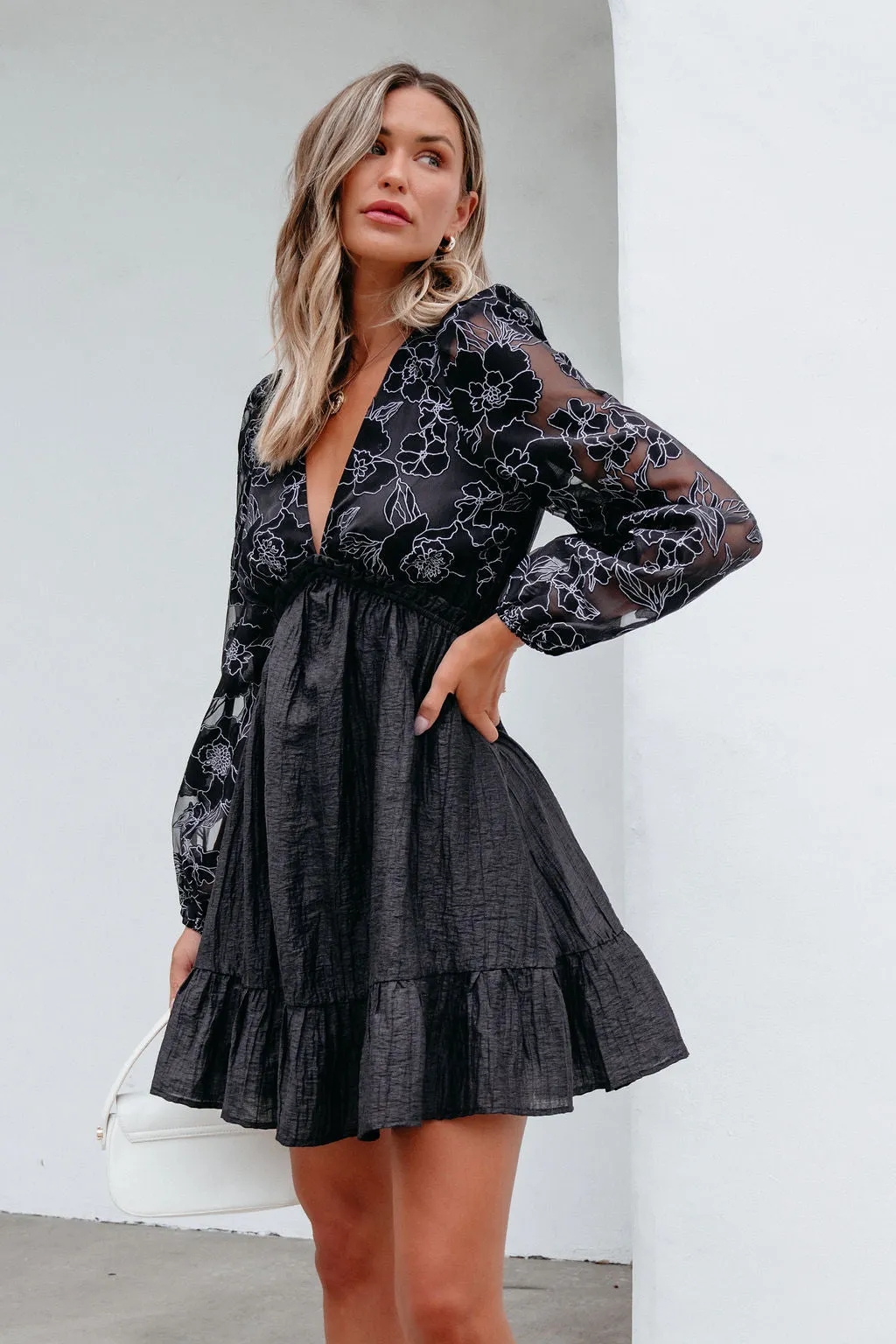 Black Floral Sheer Sleeve Textured Mini Dress