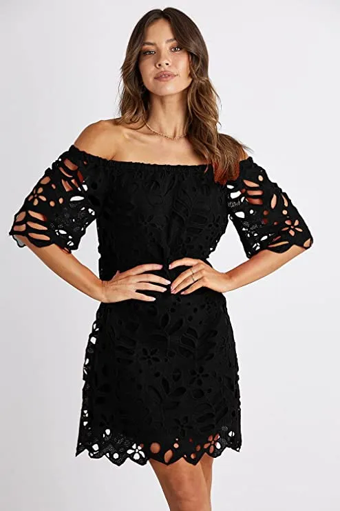 Black Women's Summer Off Shoulder Vintage Floral Lace Flare Short Sleeve Loose Elegant Mini Dress - PRETTYGARDEN