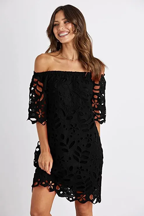 Black Women's Summer Off Shoulder Vintage Floral Lace Flare Short Sleeve Loose Elegant Mini Dress - PRETTYGARDEN