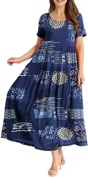 Blue White Women Casual Loose Bohemian Floral Dress with Pockets Short Sleeve Long Maxi Summer Beach Swing Dress - Yesno