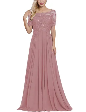 Blush Women's Long Mother of The Bride Dresses with Sleeves Bateau Neck Beaded Chiffon Maxi Lace Formal Evening Gowns - Lover Kiss