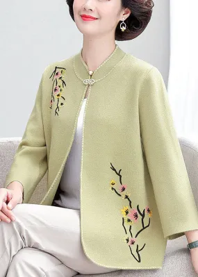 Bohemian Light Green Stand Collar Embroideried Woolen Loose Cardigan Fall