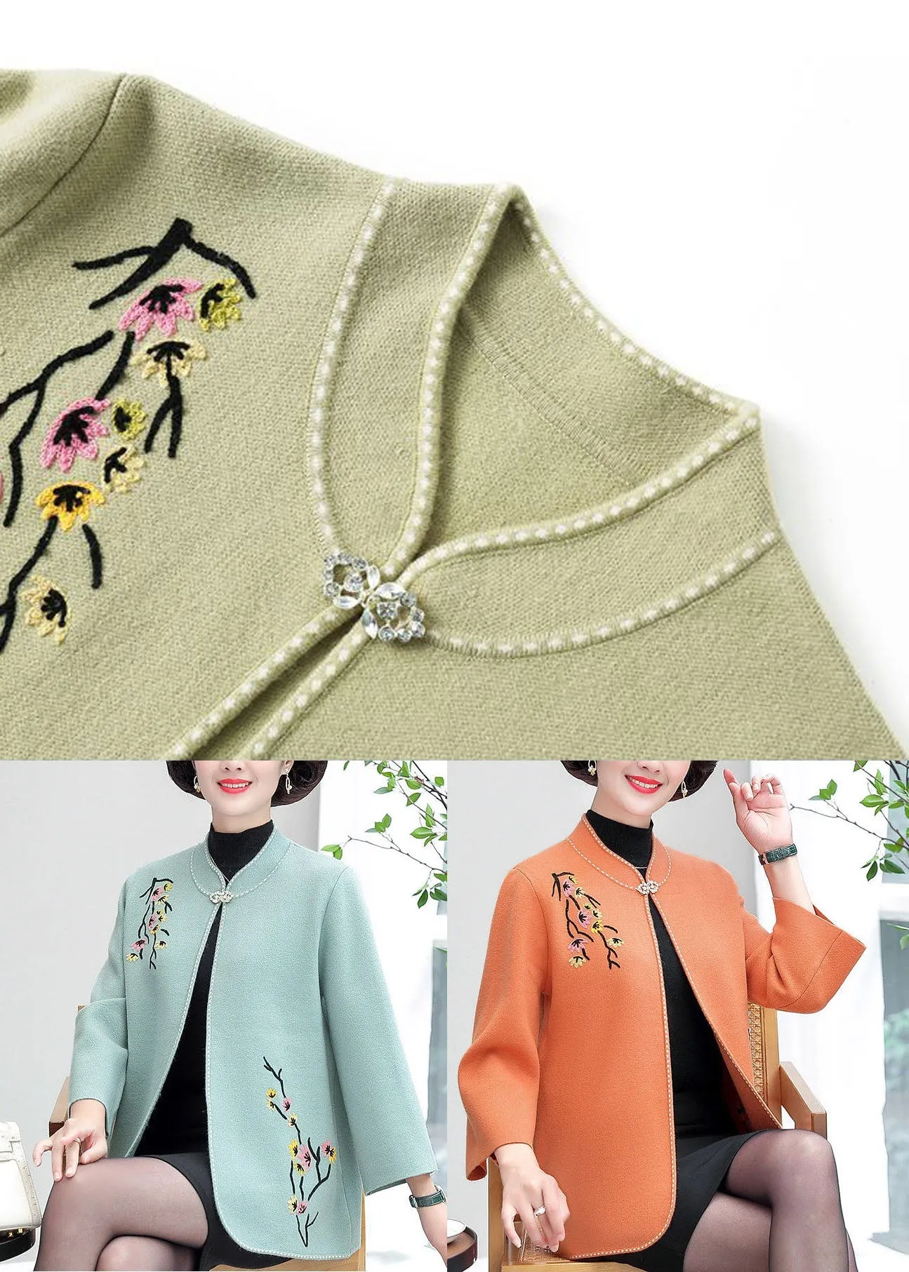 Bohemian Light Green Stand Collar Embroideried Woolen Loose Cardigan Fall