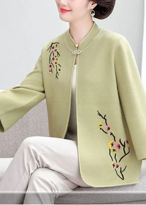 Bohemian Light Green Stand Collar Embroideried Woolen Loose Cardigan Fall