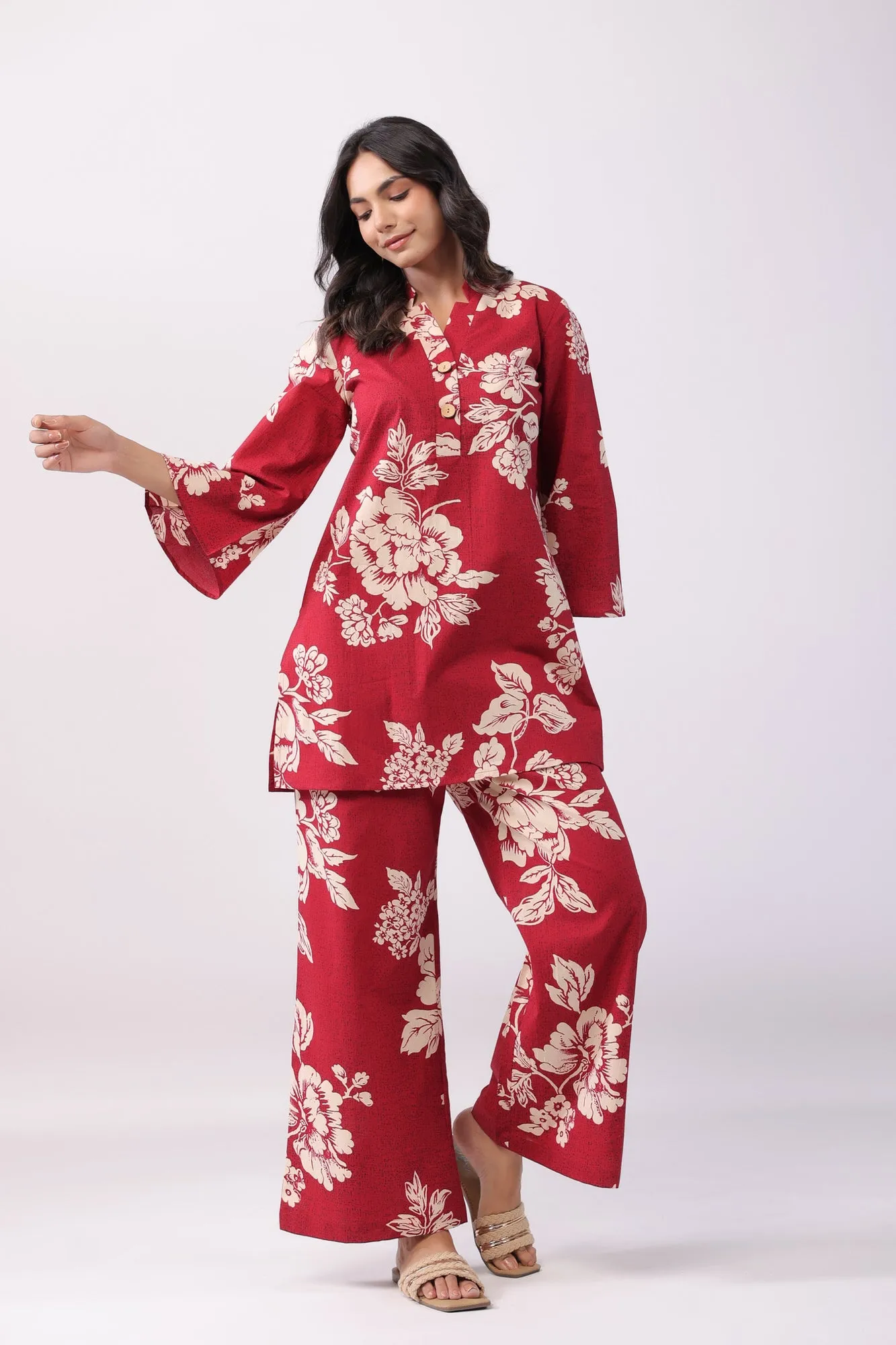 Bright Blossoming Maroon Cotton Palazzo Loungewear Set