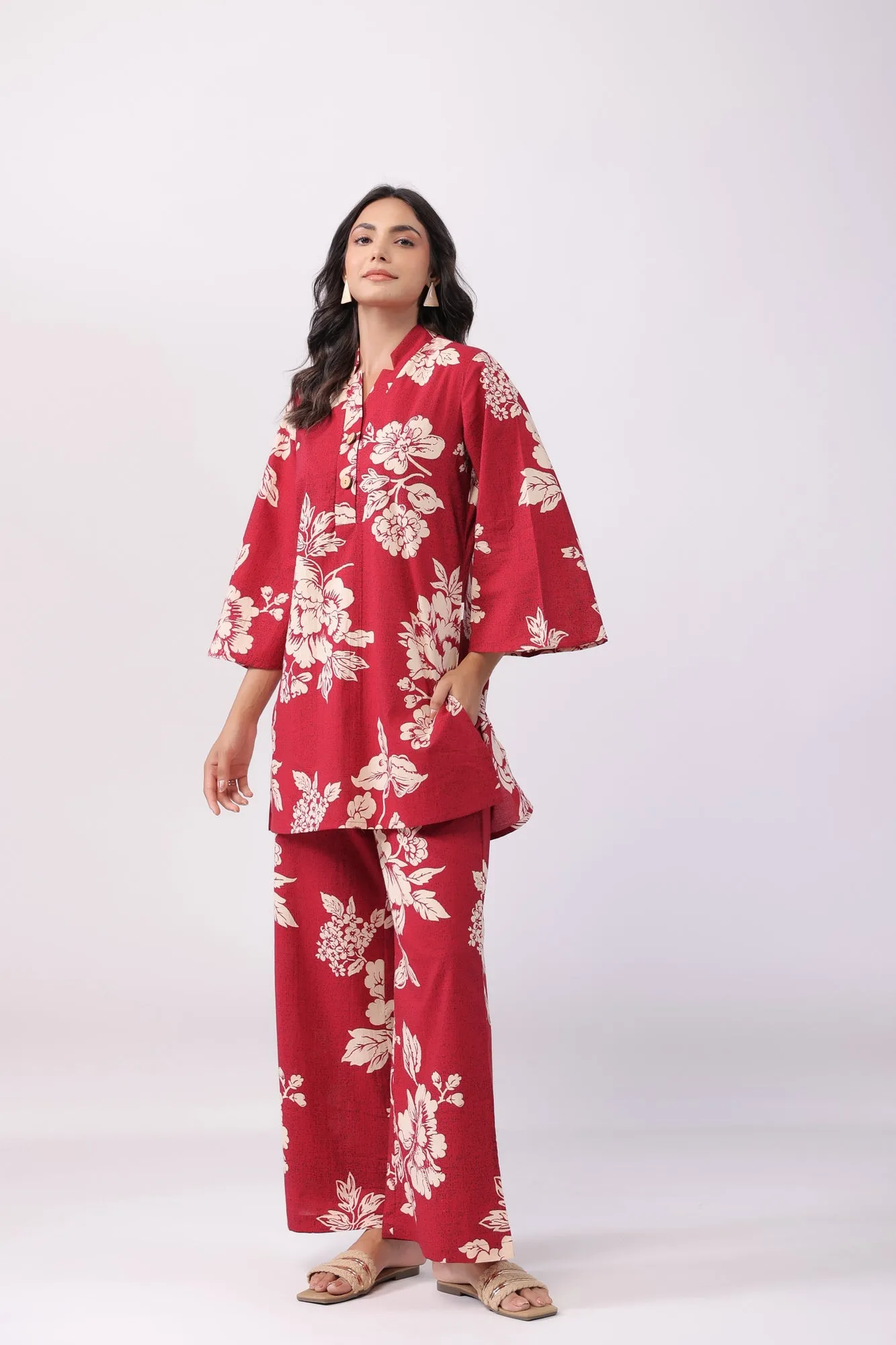 Bright Blossoming Maroon Cotton Palazzo Loungewear Set