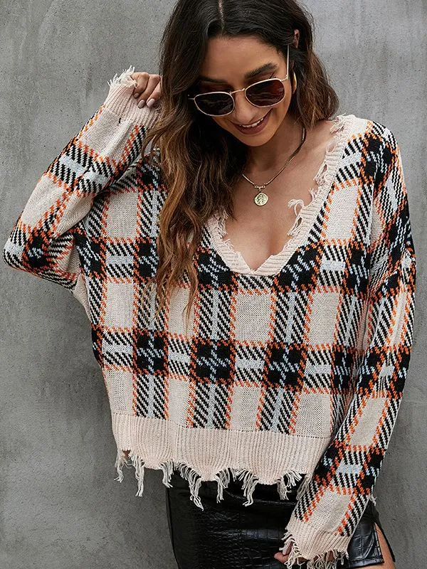 Broken V-neck Loose Check Jacquard Sweater