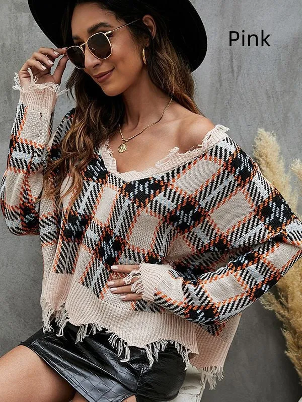 Broken V-neck Loose Check Jacquard Sweater