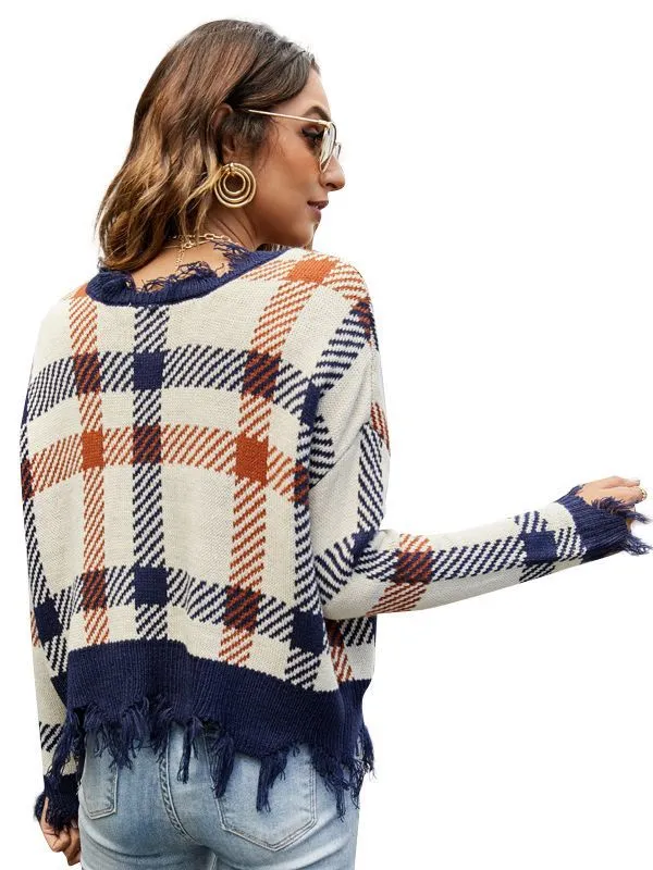 Broken V-neck Loose Check Jacquard Sweater