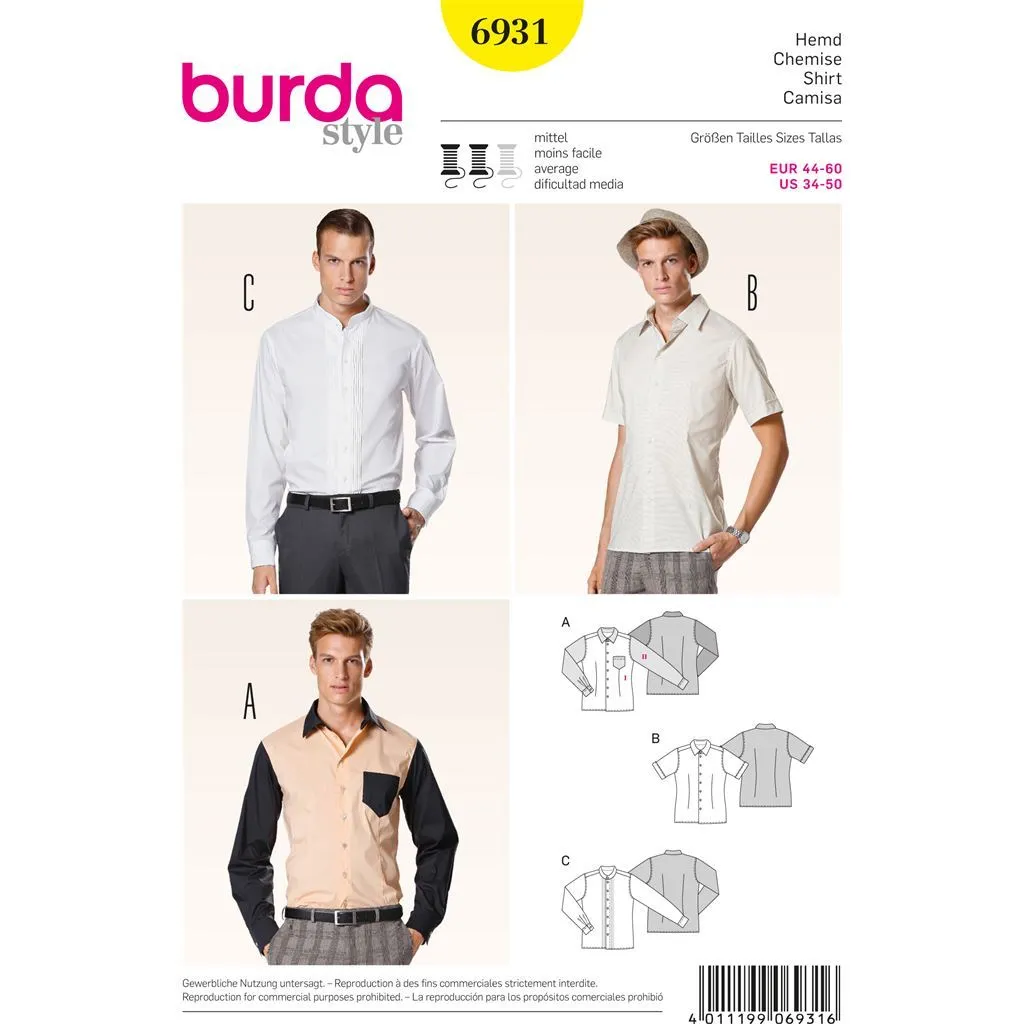 Burda B6931 Burda Style Menswear Sewing Pattern