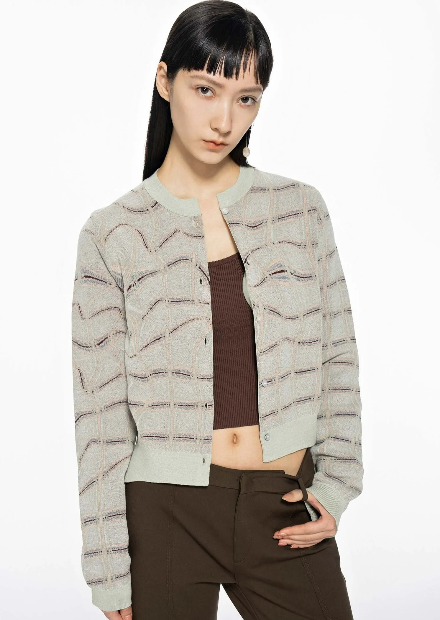 Cardigans / JNBY Plaid Print Crewneck Cropped Cardigan