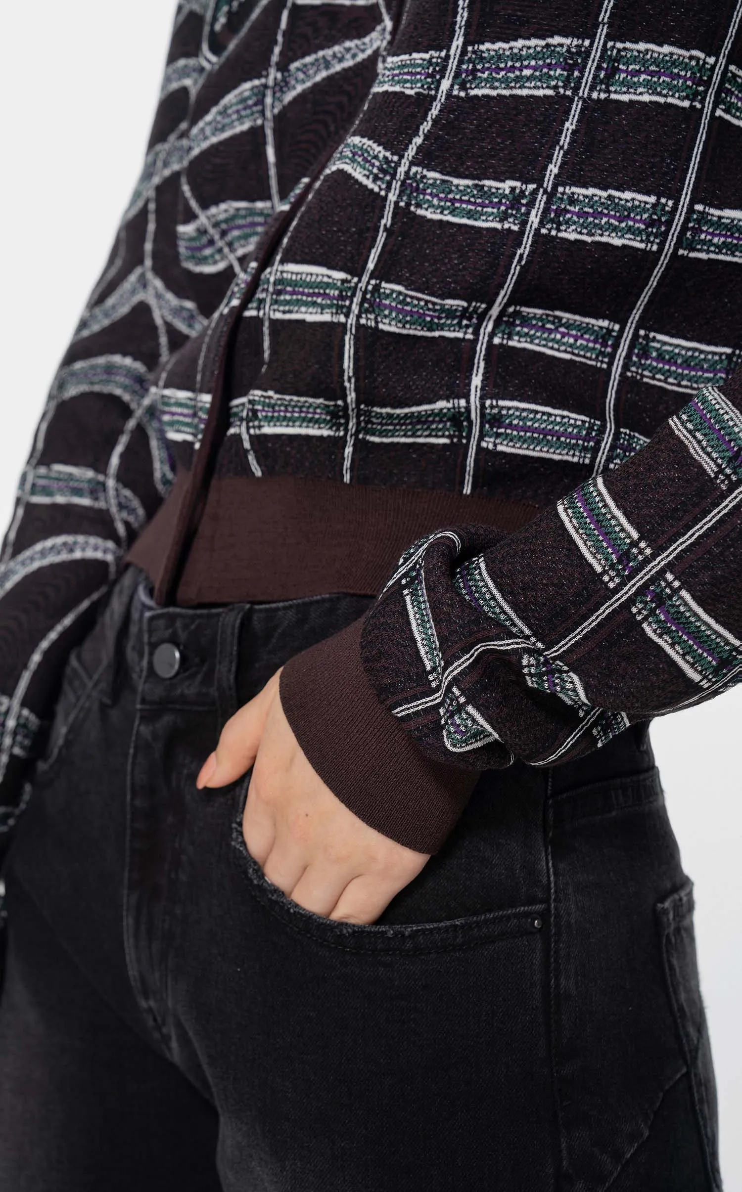 Cardigans / JNBY Plaid Print Crewneck Cropped Cardigan