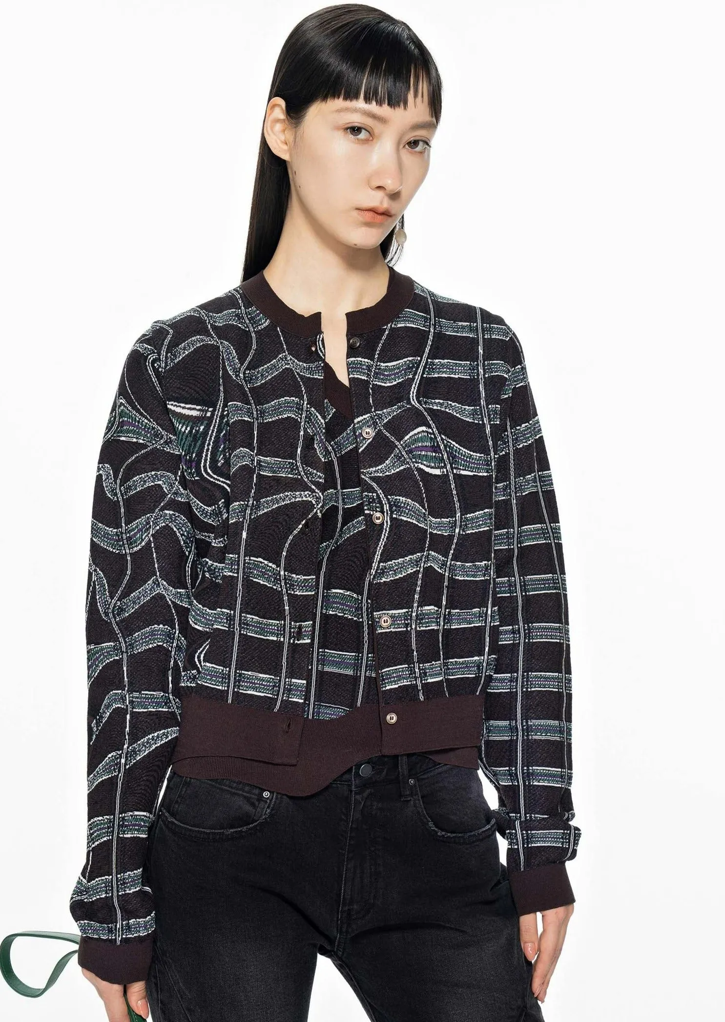 Cardigans / JNBY Plaid Print Crewneck Cropped Cardigan