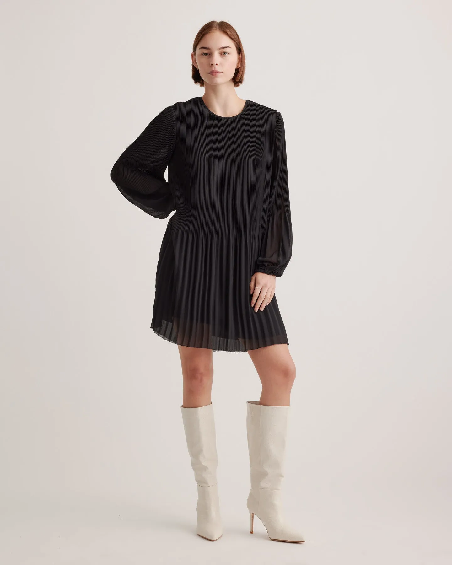 Chiffon Pleated Long Sleeve Mini Dress