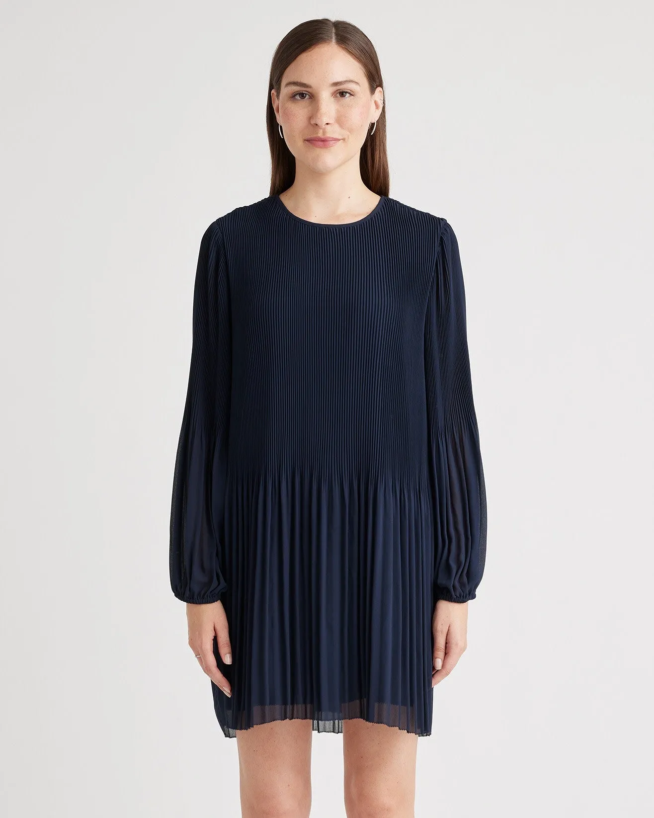 Chiffon Pleated Long Sleeve Mini Dress