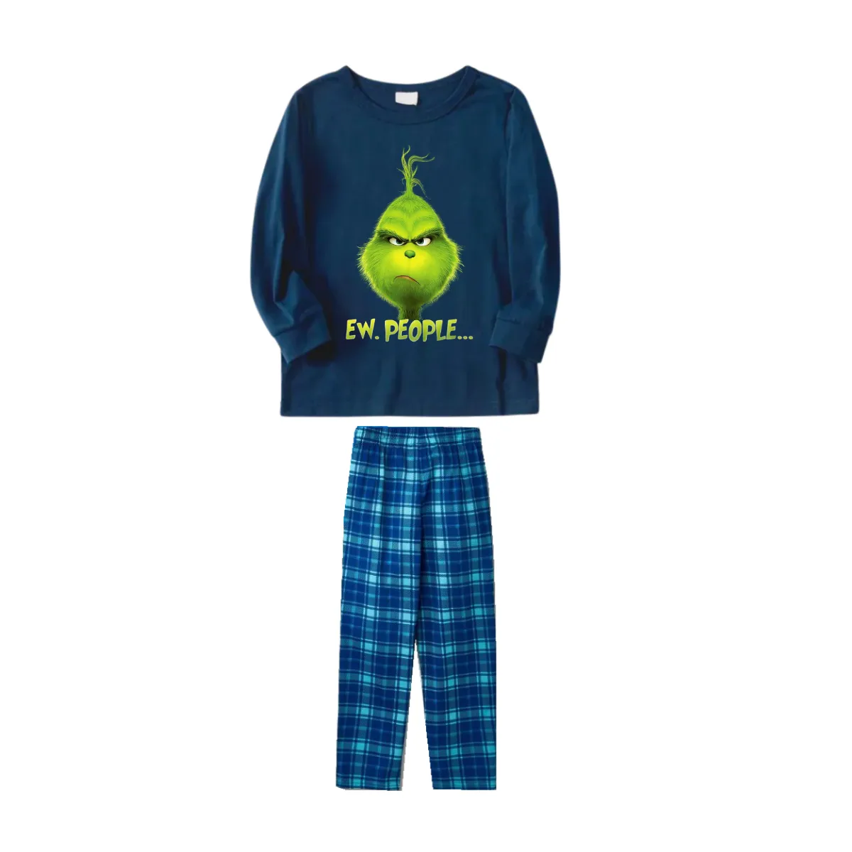 Christmas Cartoon Pattern and EW People Print Blue Long Sleeve Top With Blue Plaid Family Matching Pajamas