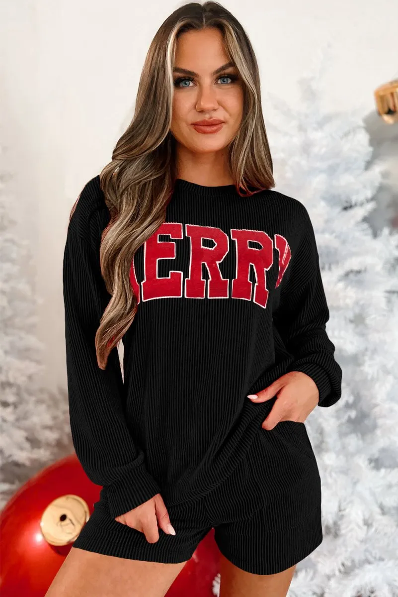 Christmas Corduroy "MERRY" Black Long Sleeve Shorts Set