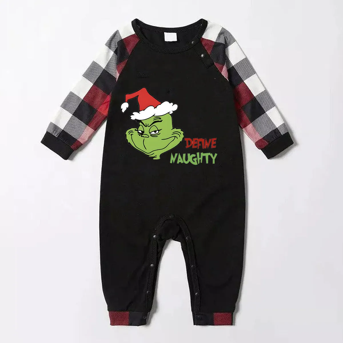 Christmas 'Define Naughty' Letter Print Patterned Casual Long Sleeve Sweatshirts Contrast Tops and Red & Black & White Plaid Pants Family Matching Pajamas Set With Dog Bandana