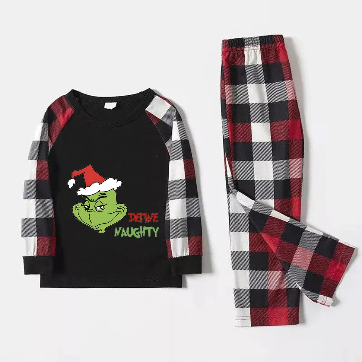 Christmas 'Define Naughty' Letter Print Patterned Casual Long Sleeve Sweatshirts Contrast Tops and Red & Black & White Plaid Pants Family Matching Pajamas Set With Dog Bandana