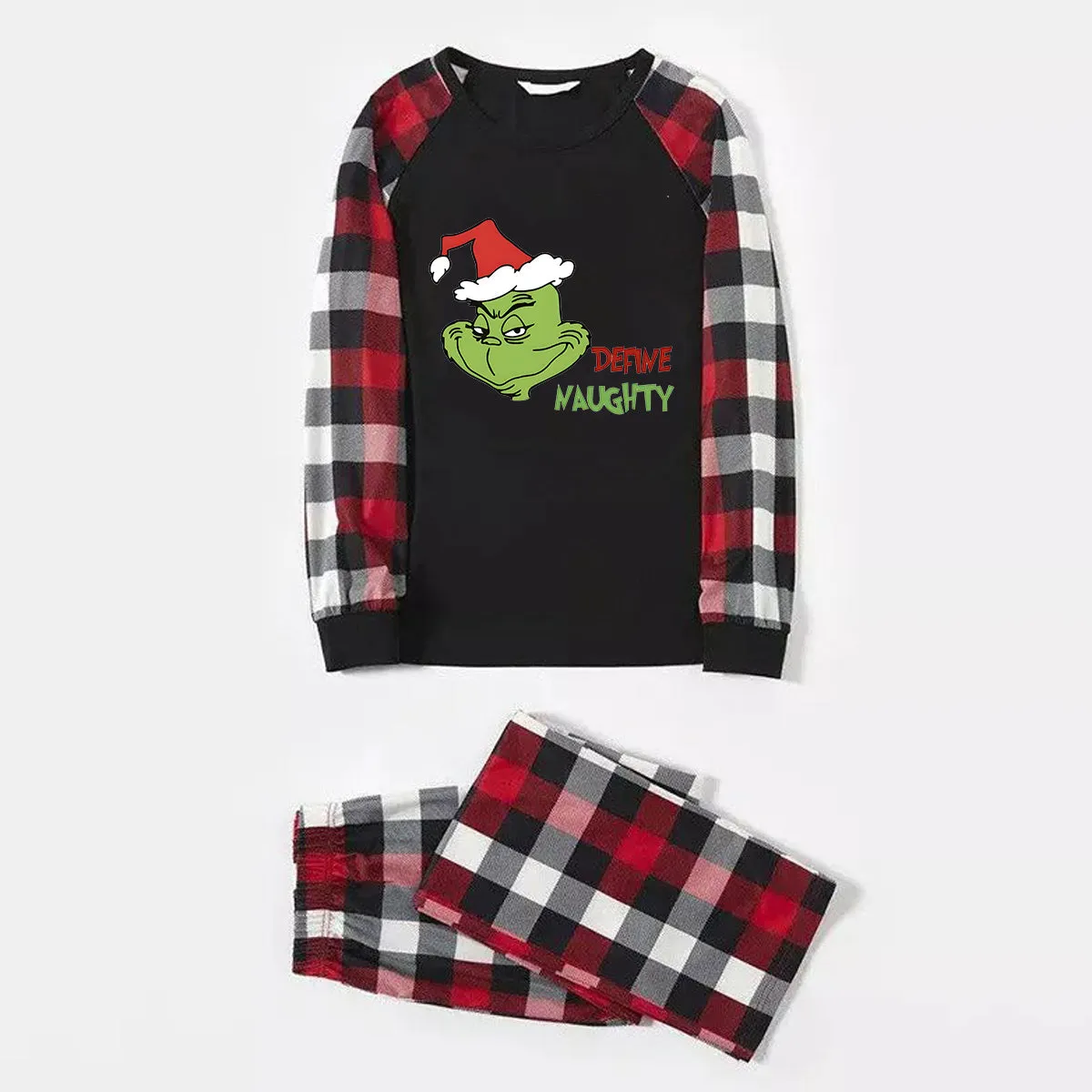 Christmas 'Define Naughty' Letter Print Patterned Casual Long Sleeve Sweatshirts Contrast Tops and Red & Black & White Plaid Pants Family Matching Pajamas Set With Dog Bandana