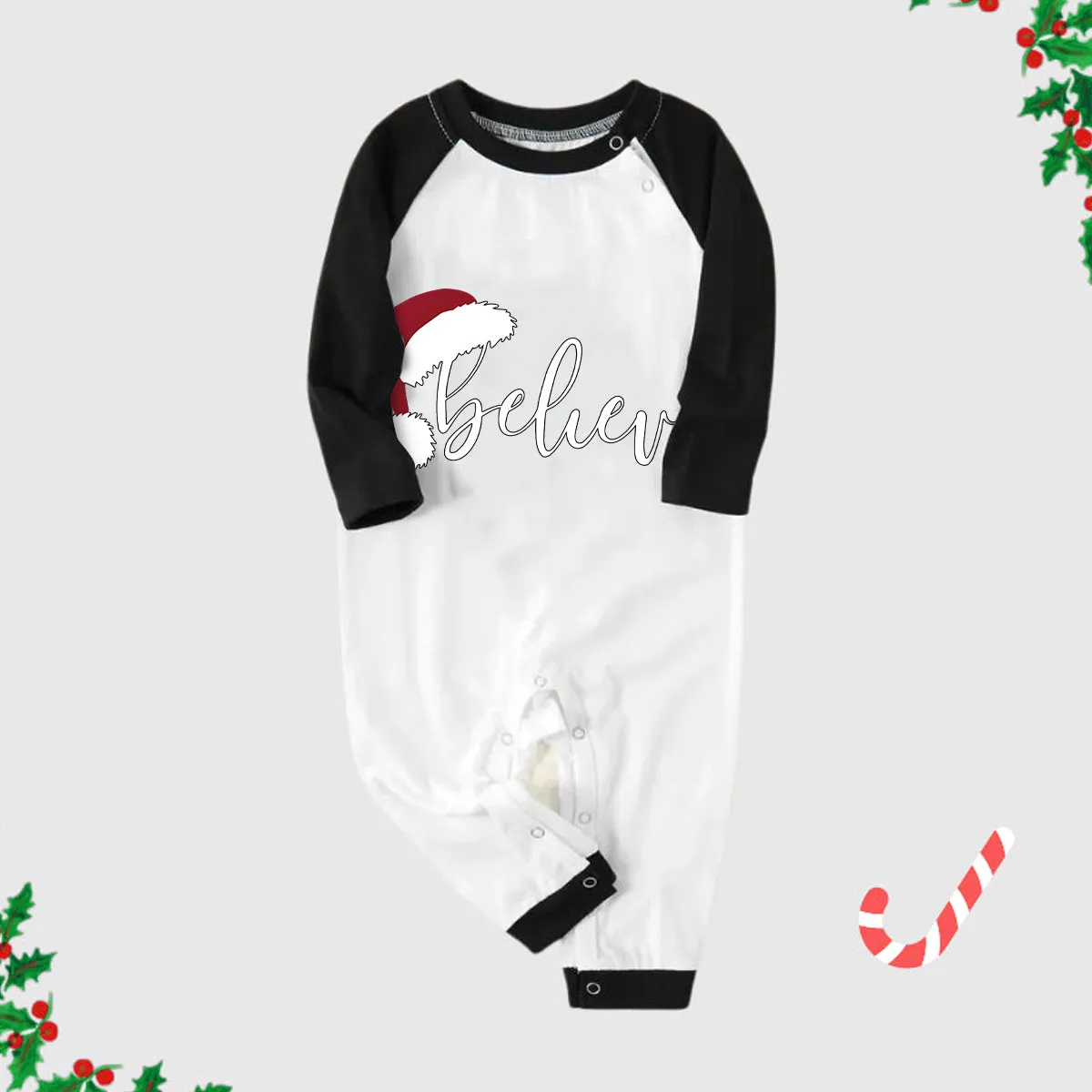 Christmas Hat and ‘Believe“ Letter Print Patterned Black Sleeve Contrast Tops and and Black and Green Plaid Pants Family Matching Pajamas Sets With Dog Bandana