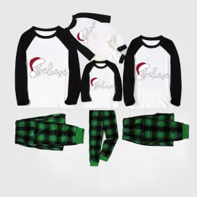 Christmas Hat and ‘Believe“ Letter Print Patterned Black Sleeve Contrast Tops and and Black and Green Plaid Pants Family Matching Pajamas Sets With Dog Bandana