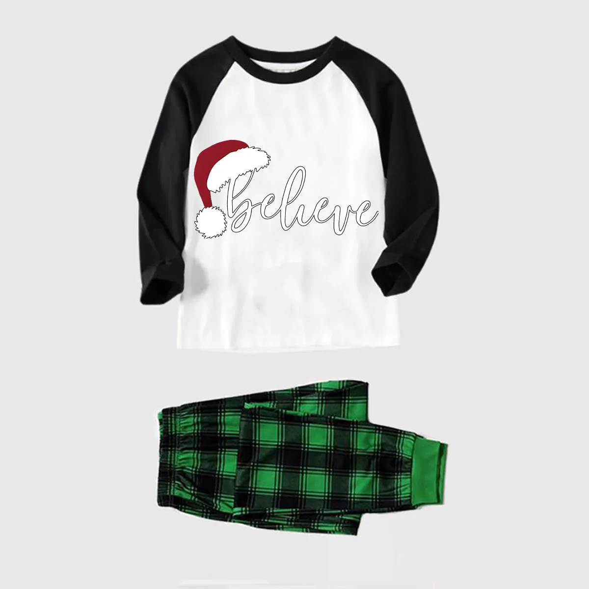 Christmas Hat and ‘Believe“ Letter Print Patterned Black Sleeve Contrast Tops and and Black and Green Plaid Pants Family Matching Pajamas Sets With Dog Bandana