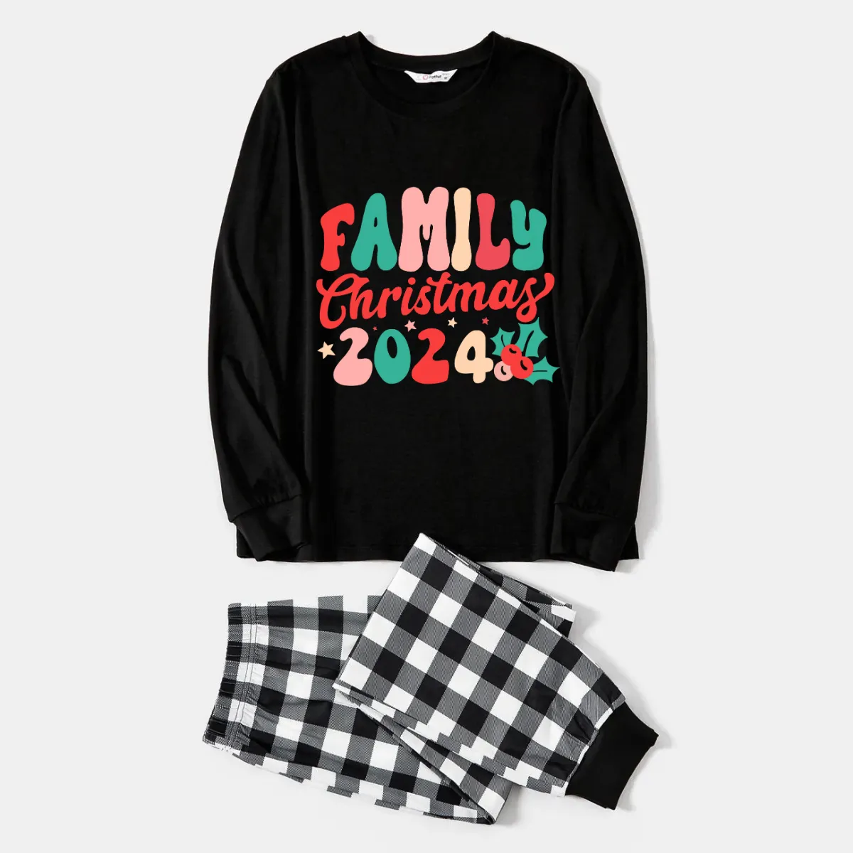 Christmas Tree & "2024 Making Memories Together" Patterned Black & White Plaid Pajamas Set